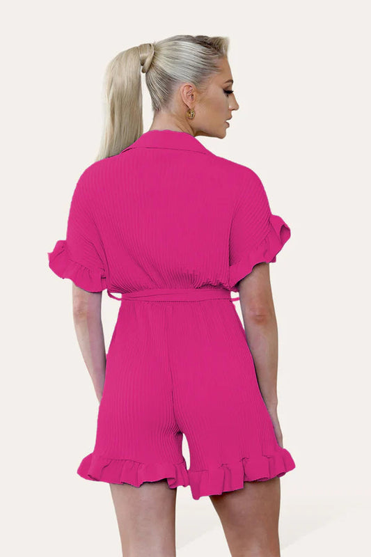 Women Pleated Romper with Frill Hems