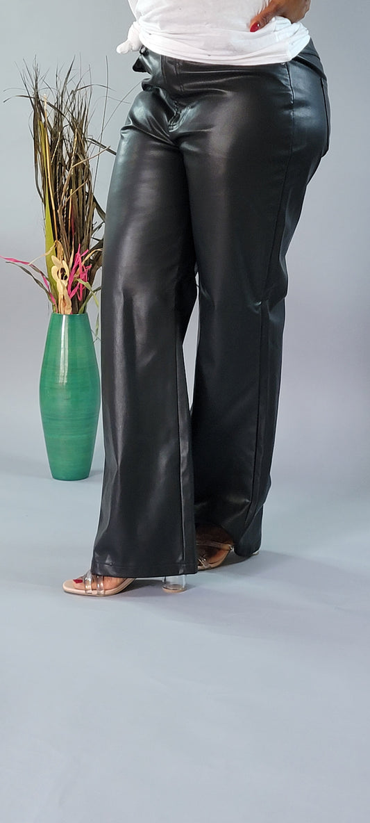 ELEGANT FAUX LEATHER HIGH WAIST WIDE PANTS